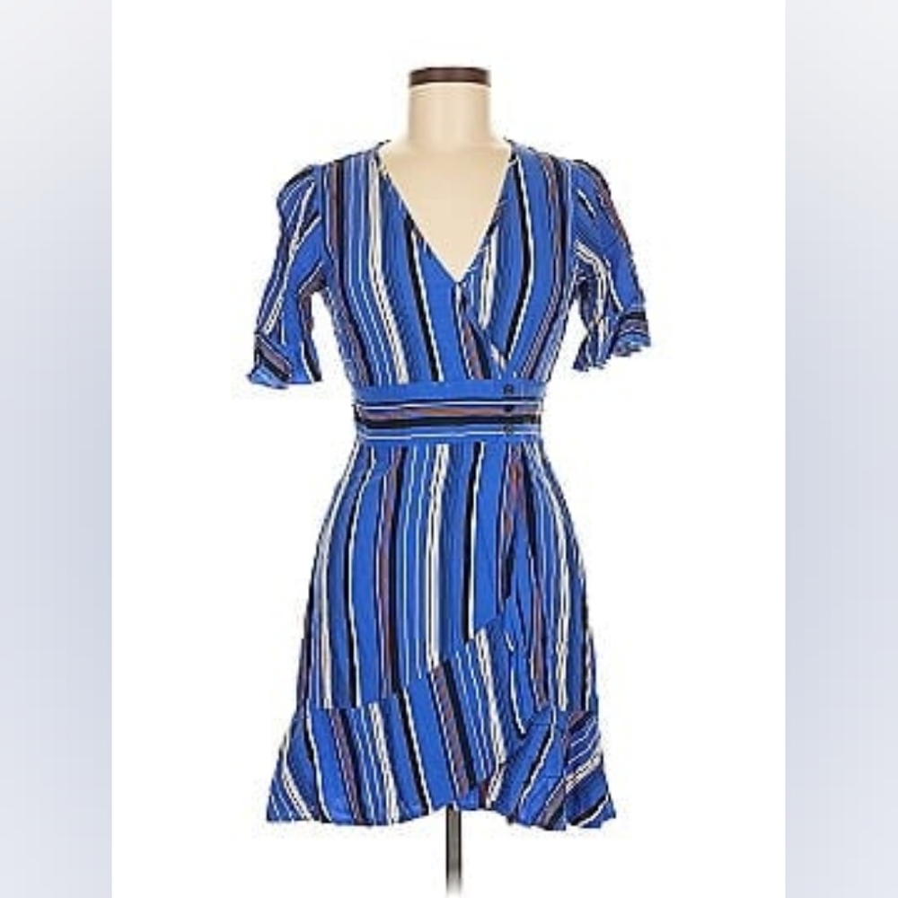 Band Of Gypsies Women's Medium Blue Striped Short-sleeve Wrap-style Mini Dress - Picture 12 of 13